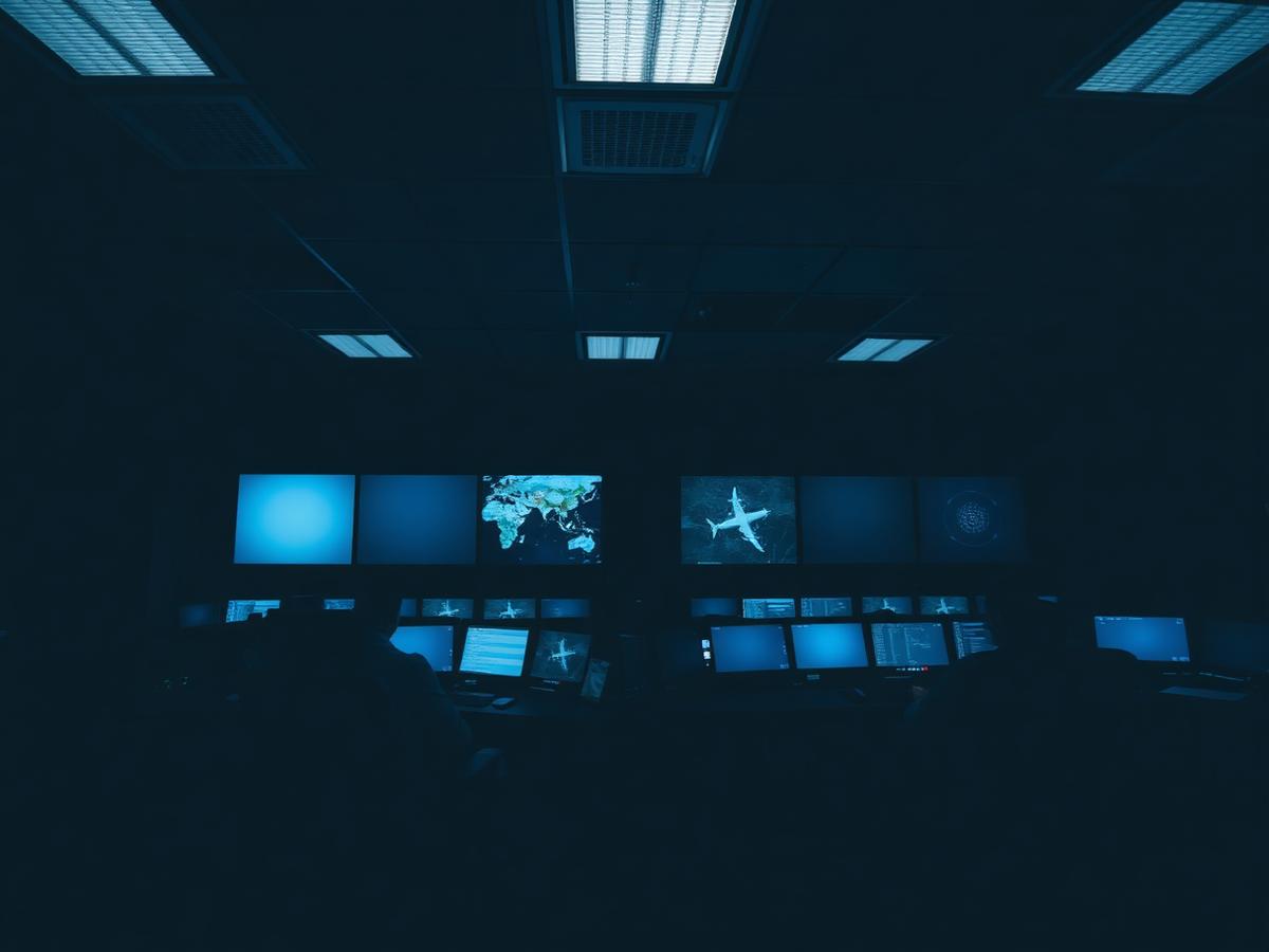 Sala de controle com múltiplos monitores de acompanhamento operacional
